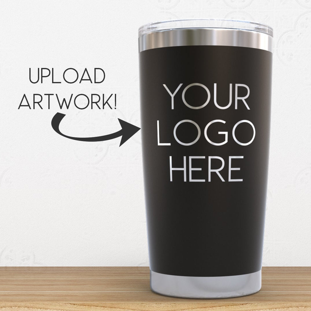 20oz stainless steel tumbler engraved with company logo, available in multiple colors