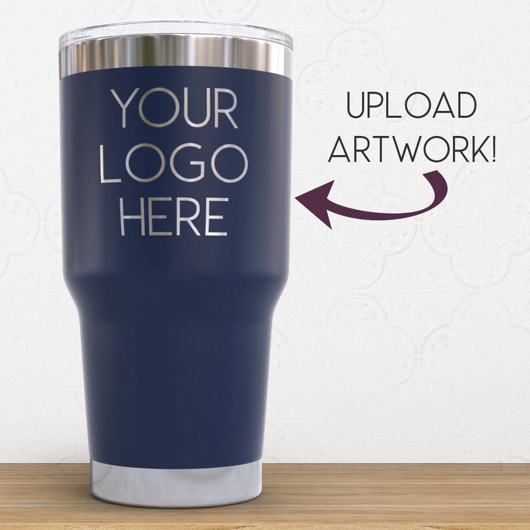 30oz stainless steel tumbler engraved with business branding, shown in matte navy