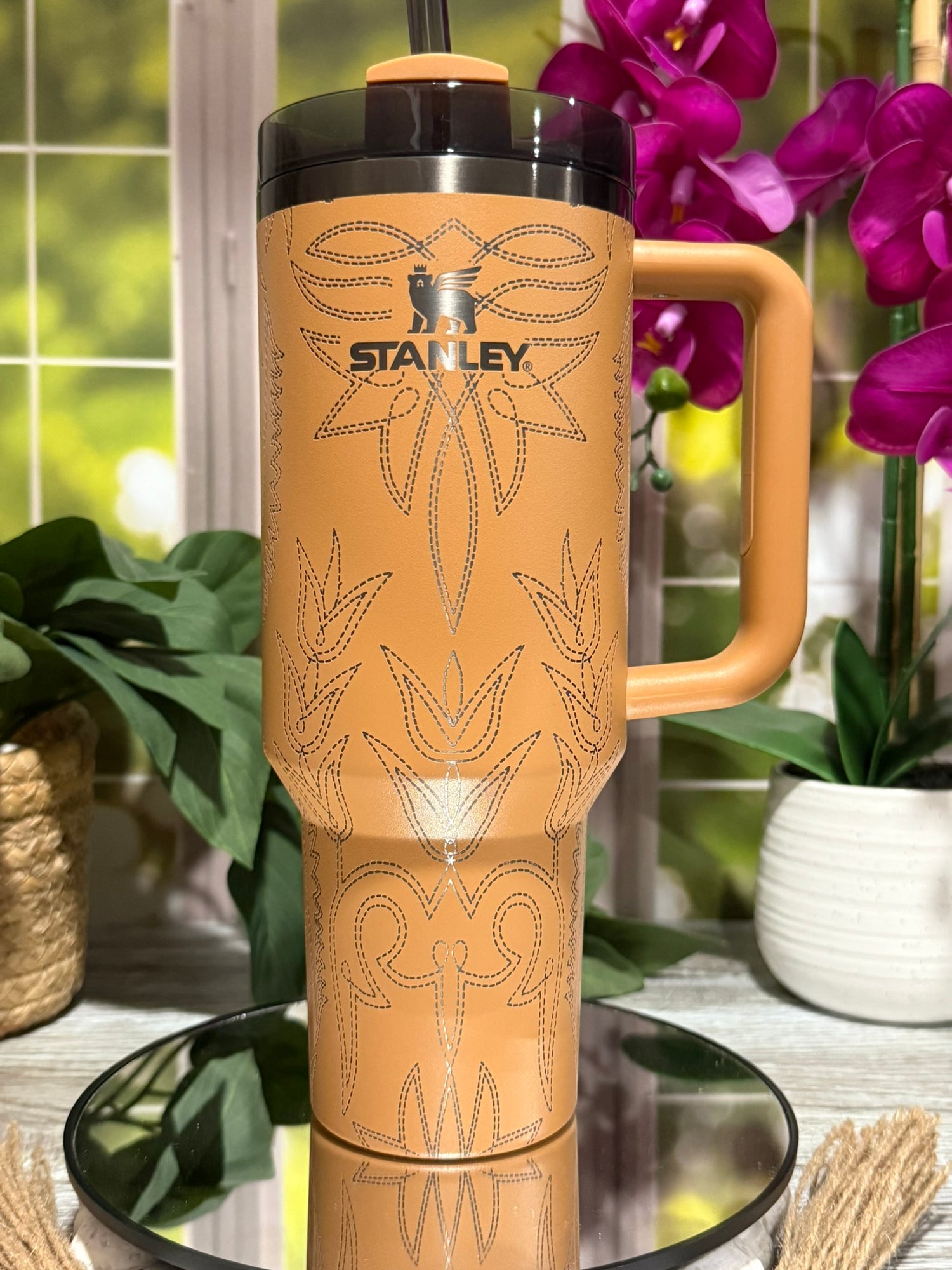 40oz Stanley Camel tumbler cup with handle, laser engraved with western boot stitch design – cowboy inspired drinkware, ready to ship.