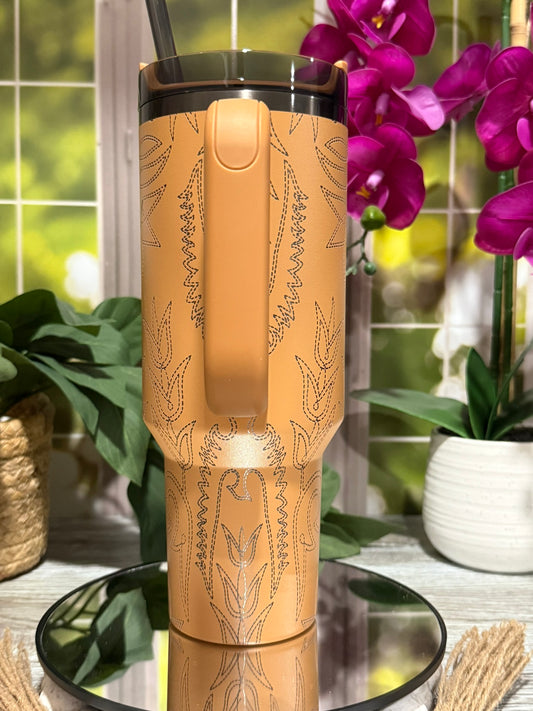 Western Boot Design 40oz Stanley Camel Tumbler Cup with Handle – laser engraved Cowboy Western Cup, Ready to Ship