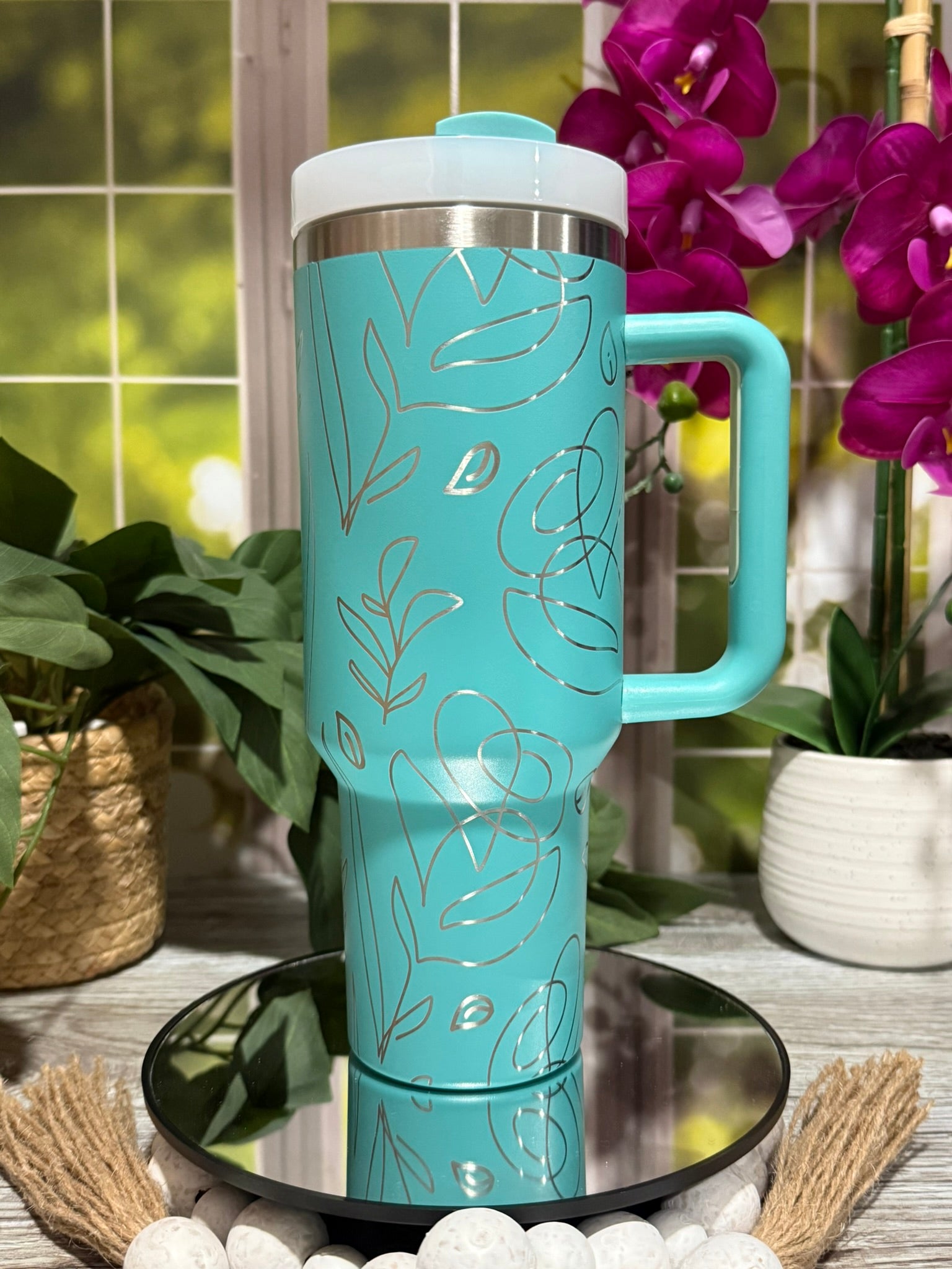 40oz teal stainless steel tumbler cup with handle, laser engraved with abstract floral line art design β ready to ship.