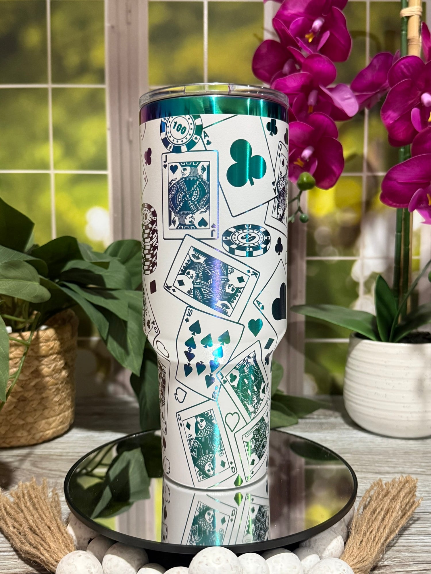 40oz white rainbow stainless steel tumbler cup without handle, laser engraved with playing cards, poker chips, and suits design – ready to ship.