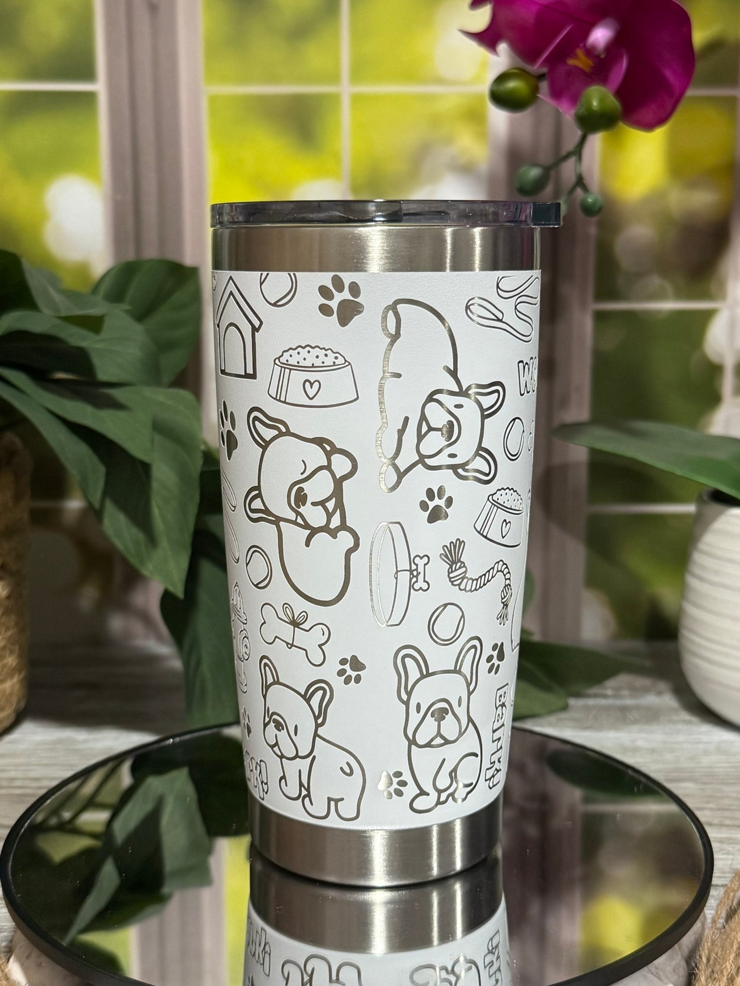 20oz white stainless steel tumbler cup without handle, laser engraved with French Bulldog doodles, paw prints, and bones – ready to ship.