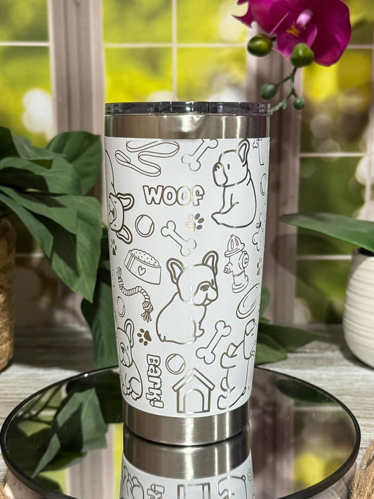 French Bulldog Doodles 20oz White Tumbler Cup – laser engraved Dog Lover Cup, Ready to Ship