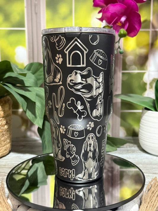 Basset Hound Doodles 30oz Black Tumbler Cup – laser engraved Dog Lover Cup, Ready to Ship
