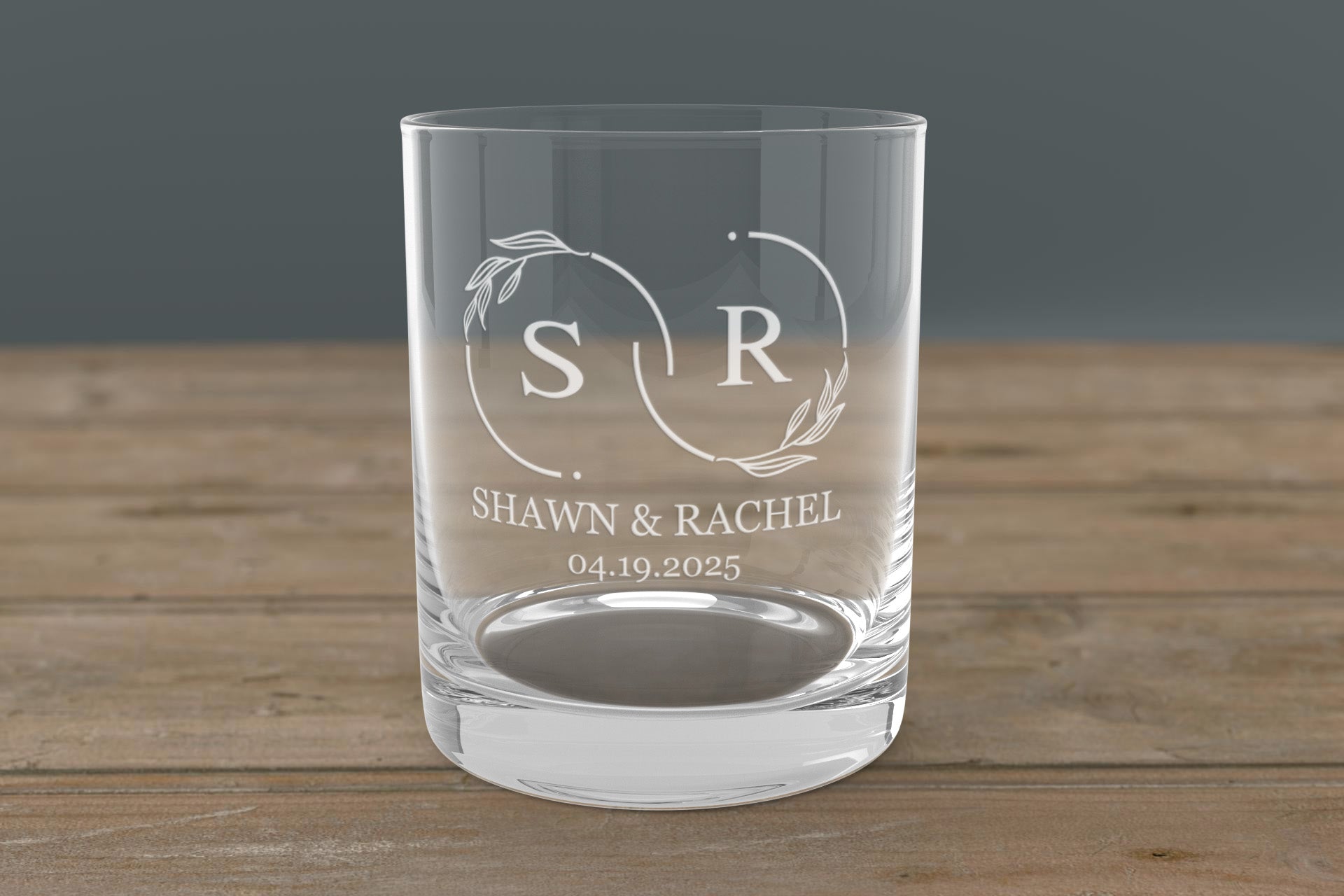 Laser engraved monogrammed whiskey glass with pre-designed quote, perfect for bourbon lovers and groomsmen gifts