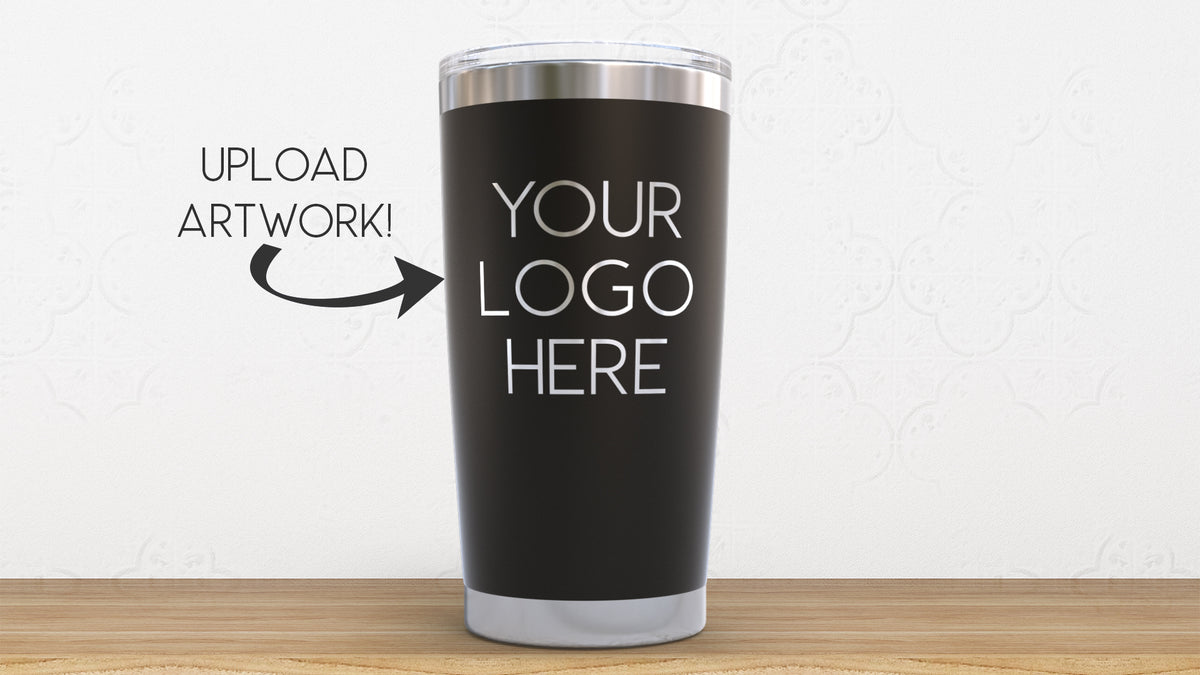 20oz stainless steel tumbler engraved with company logo, available in multiple colors