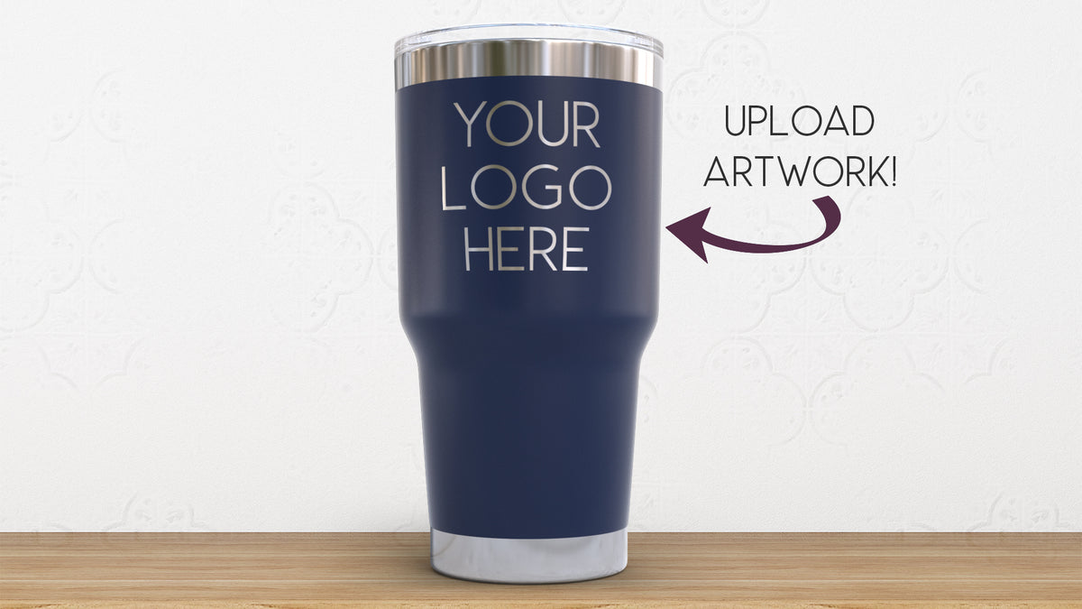 30oz stainless steel tumbler engraved with business branding, shown in matte navy