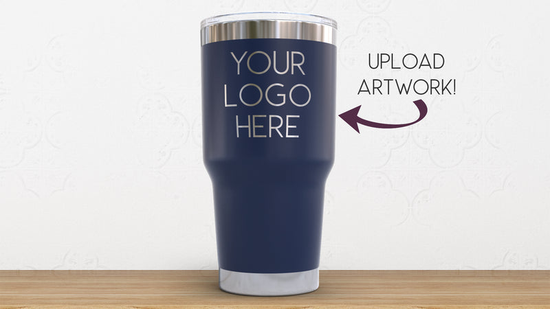 30oz stainless steel tumbler engraved with business branding, shown in matte navy