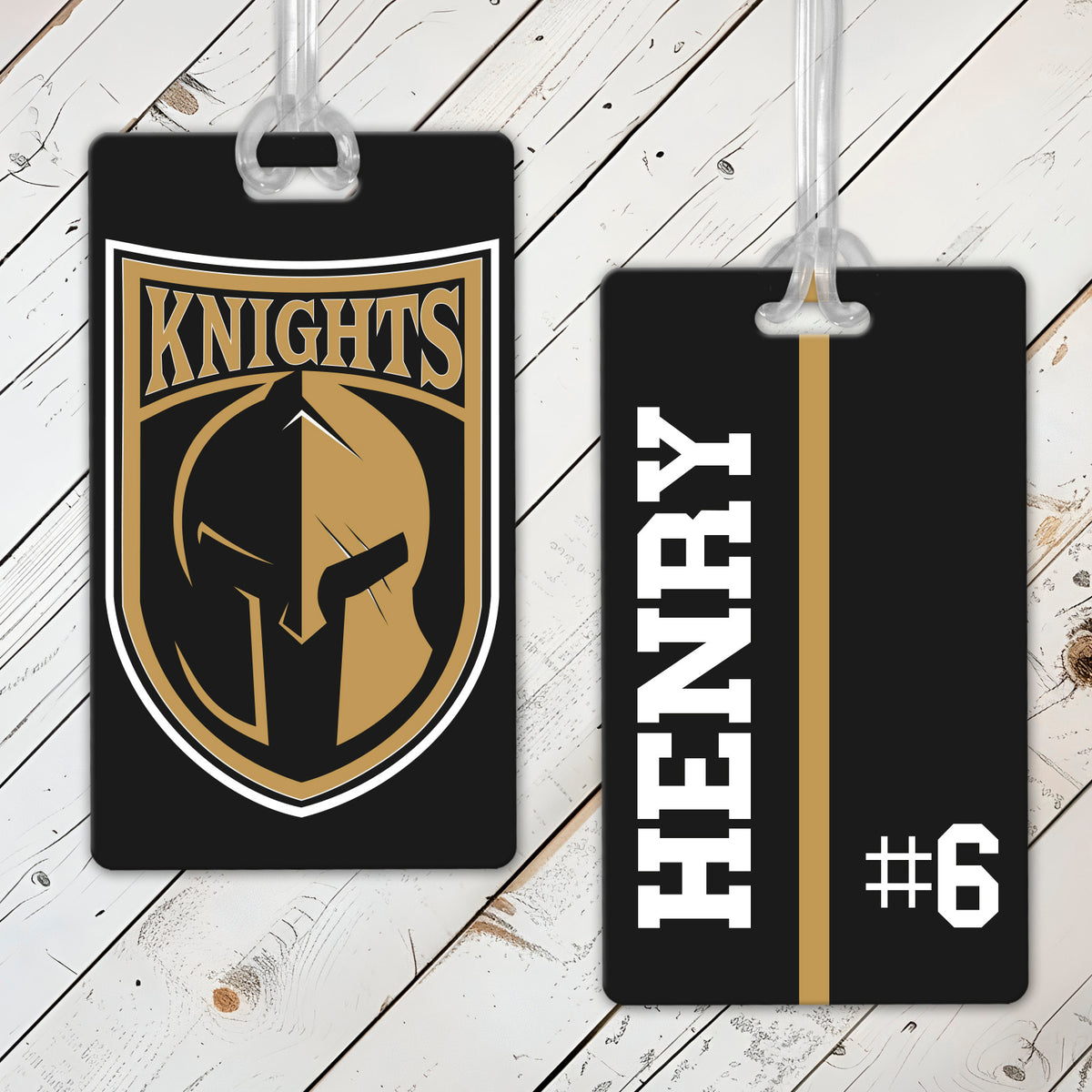 Custom Canandaigua Knights hockey bag tag with team logo, player name, and number on durable acrylic tag