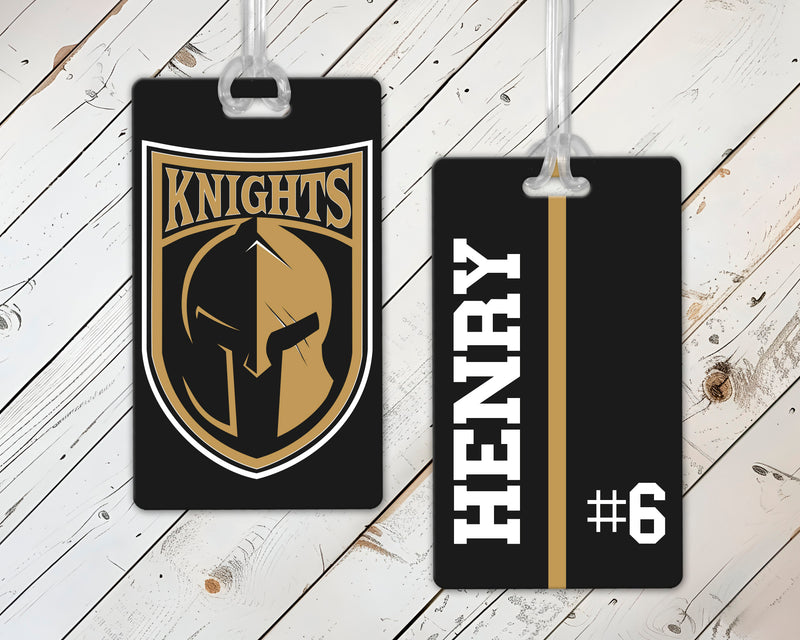 Custom Canandaigua Knights hockey bag tag with team logo, player name, and number on durable acrylic tag