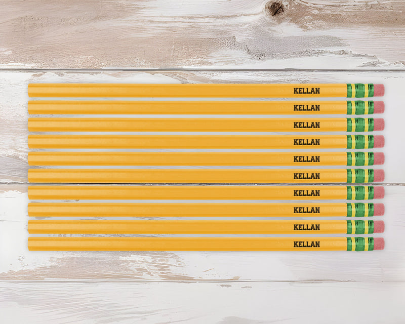 Custom engraved pencils in vibrant colors with personalized names, available in 5 or 10 packs – perfect for school, office, or gifting.