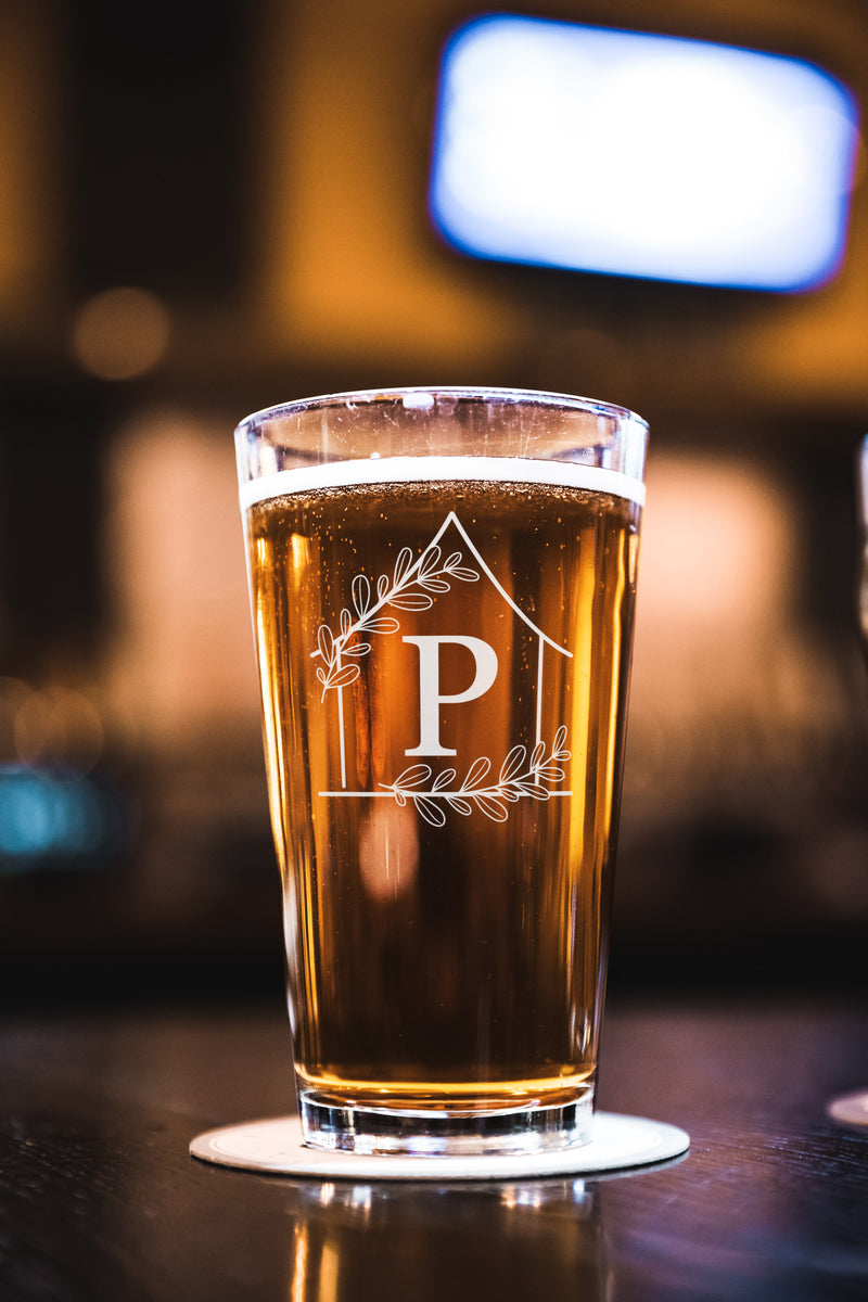 Monogrammed Pint Glass – laser engraved Beer Glass with Pre-Designed Graphics | 16oz Gift for Drink Lovers