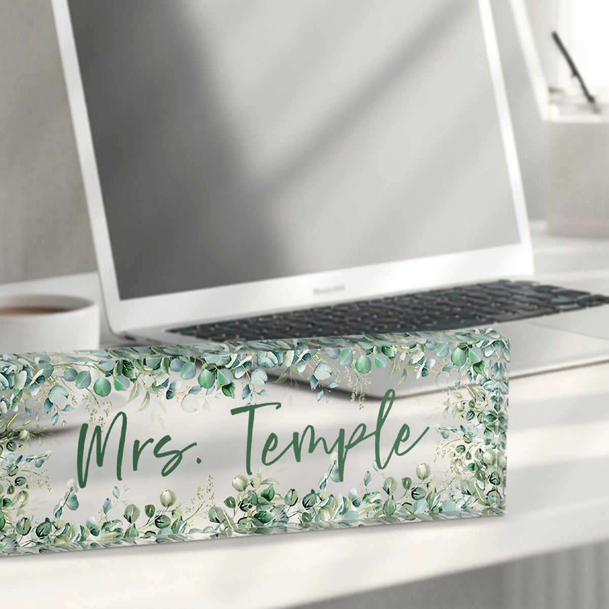 Acrylic desk name block with custom name printed in modern font, 3x9 size