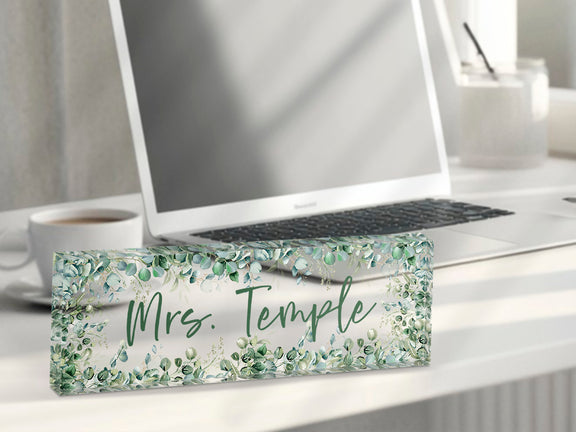 Acrylic desk name block with custom name printed in modern font, 3x9 size