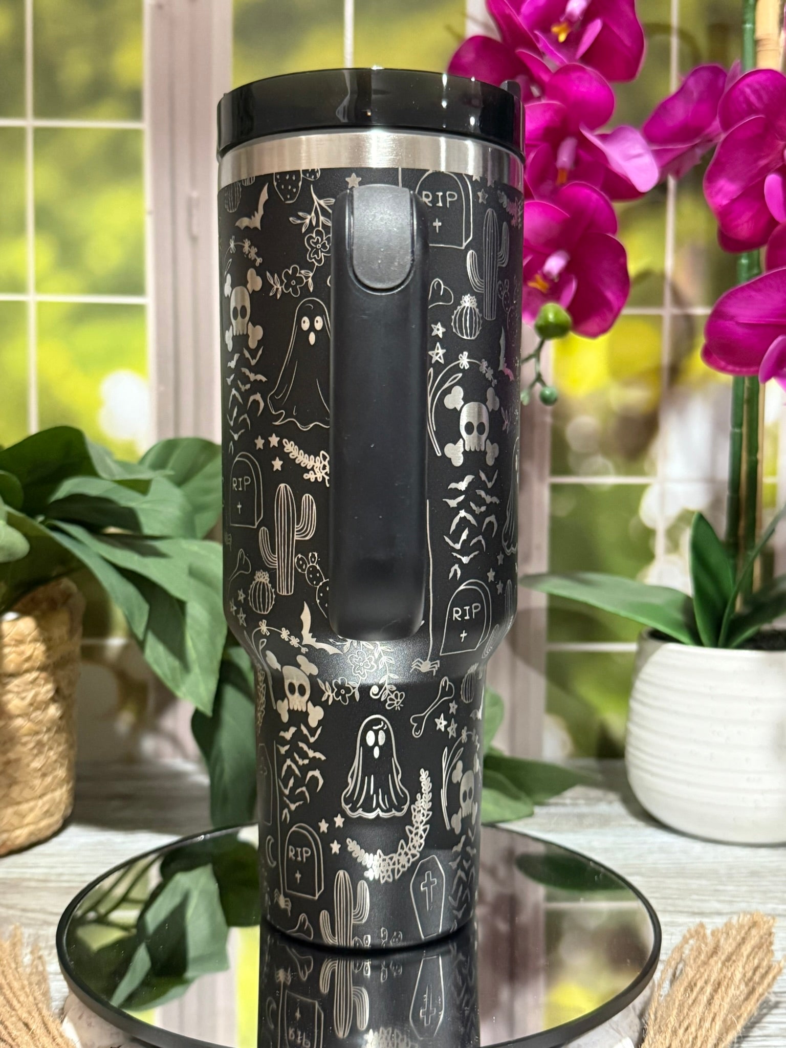 Halloween Ghost Doodles 40oz Black Tumbler with Handle – Laser Engraved, Ready to Ship