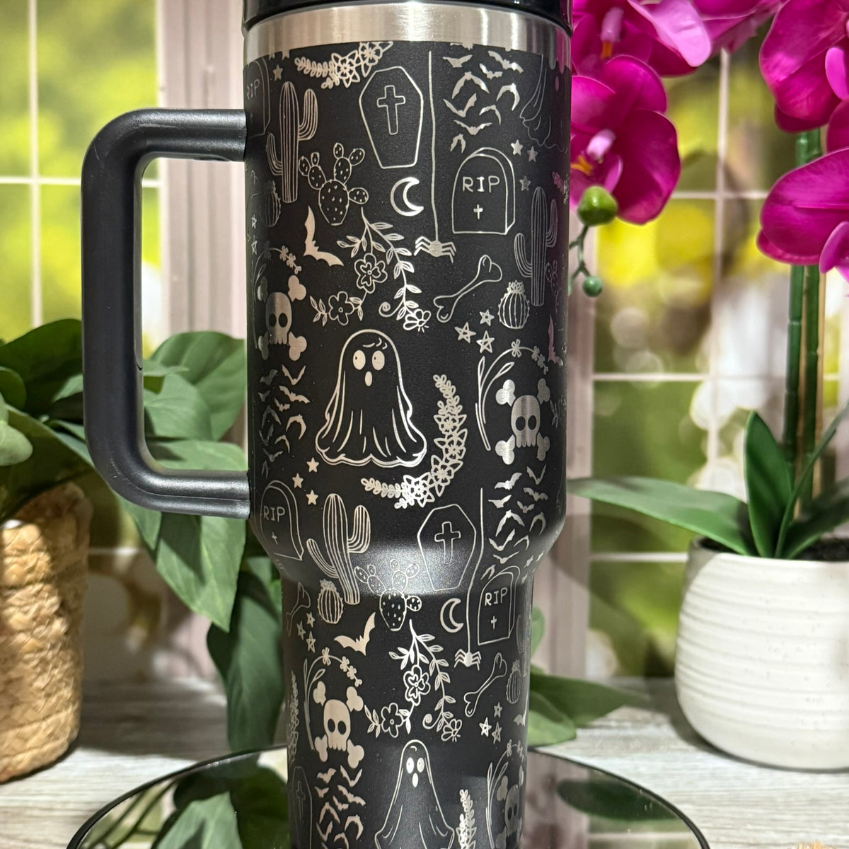 Halloween Ghost Doodles 40oz Black Tumbler with Handle – laser engraved, Ready to Ship