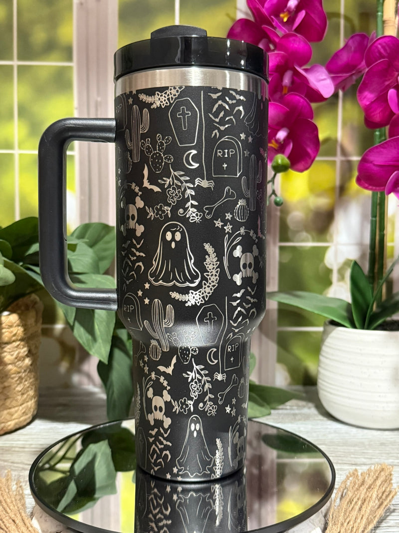 Halloween Ghost Doodles 40oz Black Tumbler with Handle – laser engraved, Ready to Ship