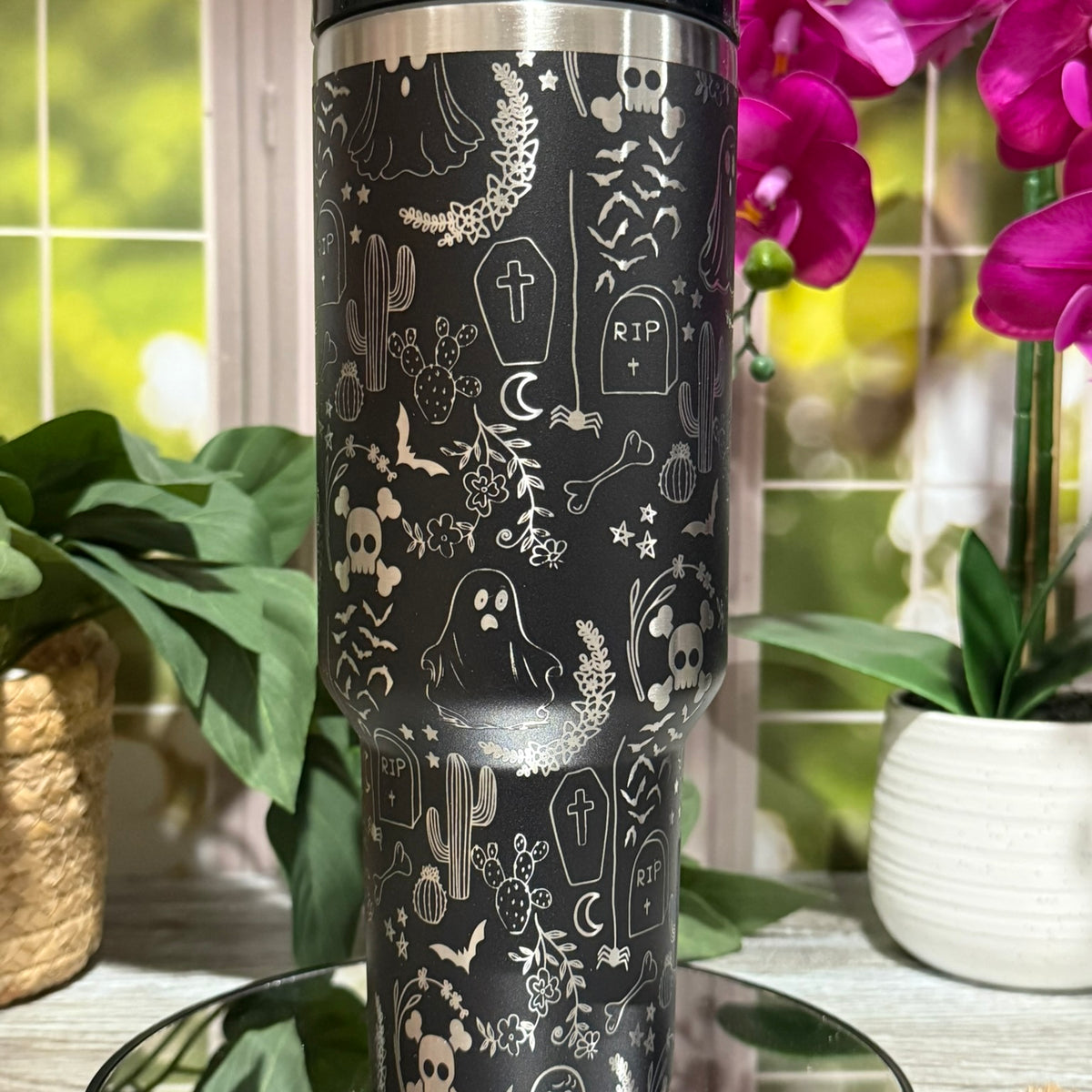 Halloween Ghost Doodles 40oz Black Tumbler with Handle – laser engraved, Ready to Ship