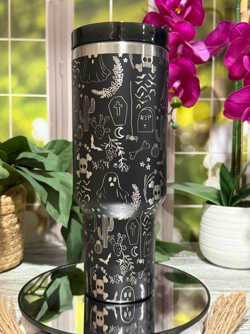 Halloween Ghost Doodles 40oz Black Tumbler with Handle – laser engraved, Ready to Ship
