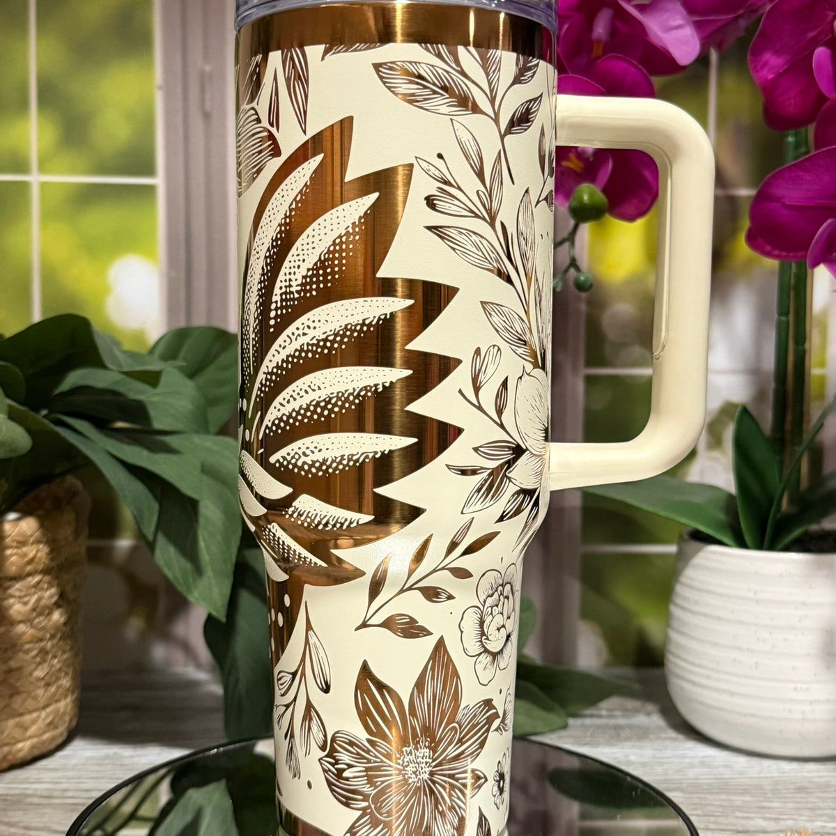 Floral Chicken 40oz Copper Cream Tumbler with Handle – laser engraved Farmhouse Mug, Ready to Ship