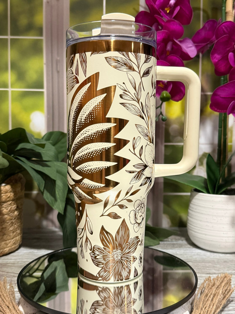 Floral Chicken 40oz Copper Cream Tumbler with Handle – laser engraved Farmhouse Mug, Ready to Ship