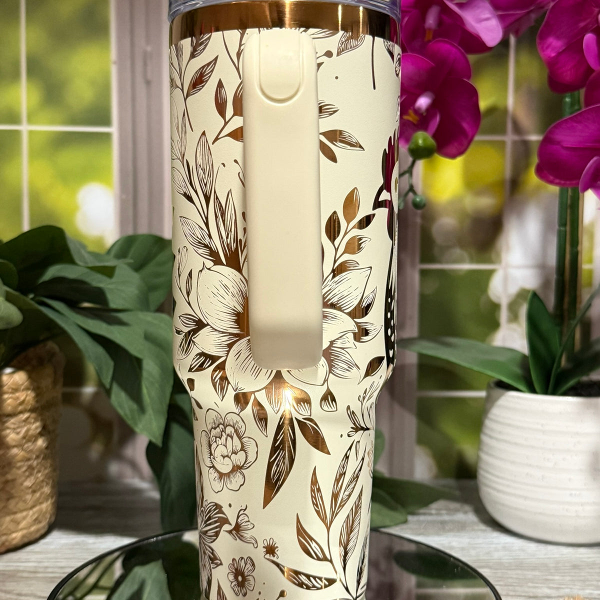 Floral Chicken 40oz Copper Cream Tumbler with Handle – laser engraved Farmhouse Mug, Ready to Ship