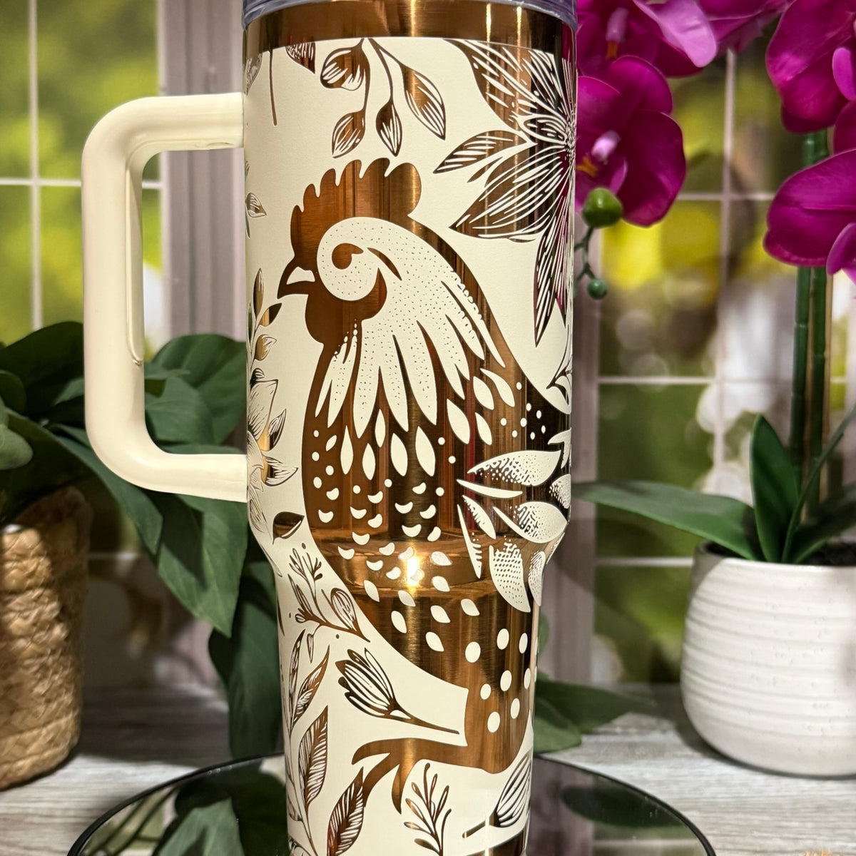 40oz copper and cream stainless steel tumbler with handle, laser engraved with floral chicken design – farmhouse drinkware, ready to ship.