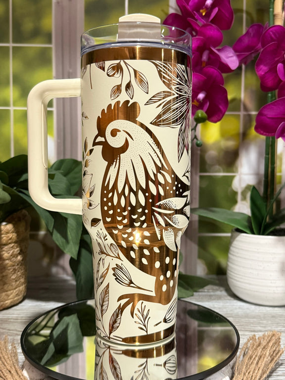 40oz copper and cream stainless steel tumbler with handle, laser engraved with floral chicken design – farmhouse drinkware, ready to ship.