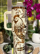 40oz copper and cream stainless steel tumbler with handle, laser engraved with floral chicken design – farmhouse drinkware, ready to ship.