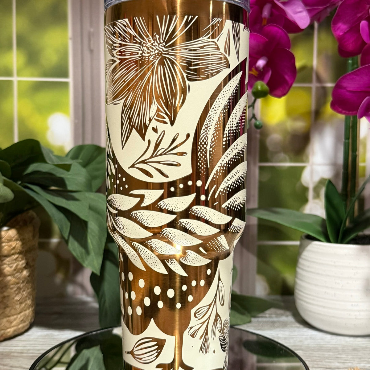 Floral Chicken 40oz Copper Cream Tumbler with Handle – laser engraved Farmhouse Mug, Ready to Ship
