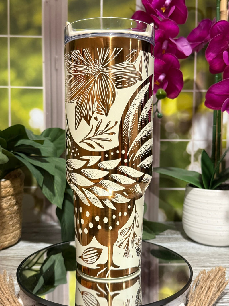Floral Chicken 40oz Copper Cream Tumbler with Handle – laser engraved Farmhouse Mug, Ready to Ship