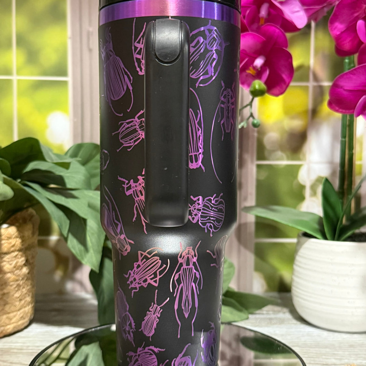 Bugs Design 40oz Chromatic Black Tumbler with Handle – laser engraved Insect Mug, Ready to Ship
