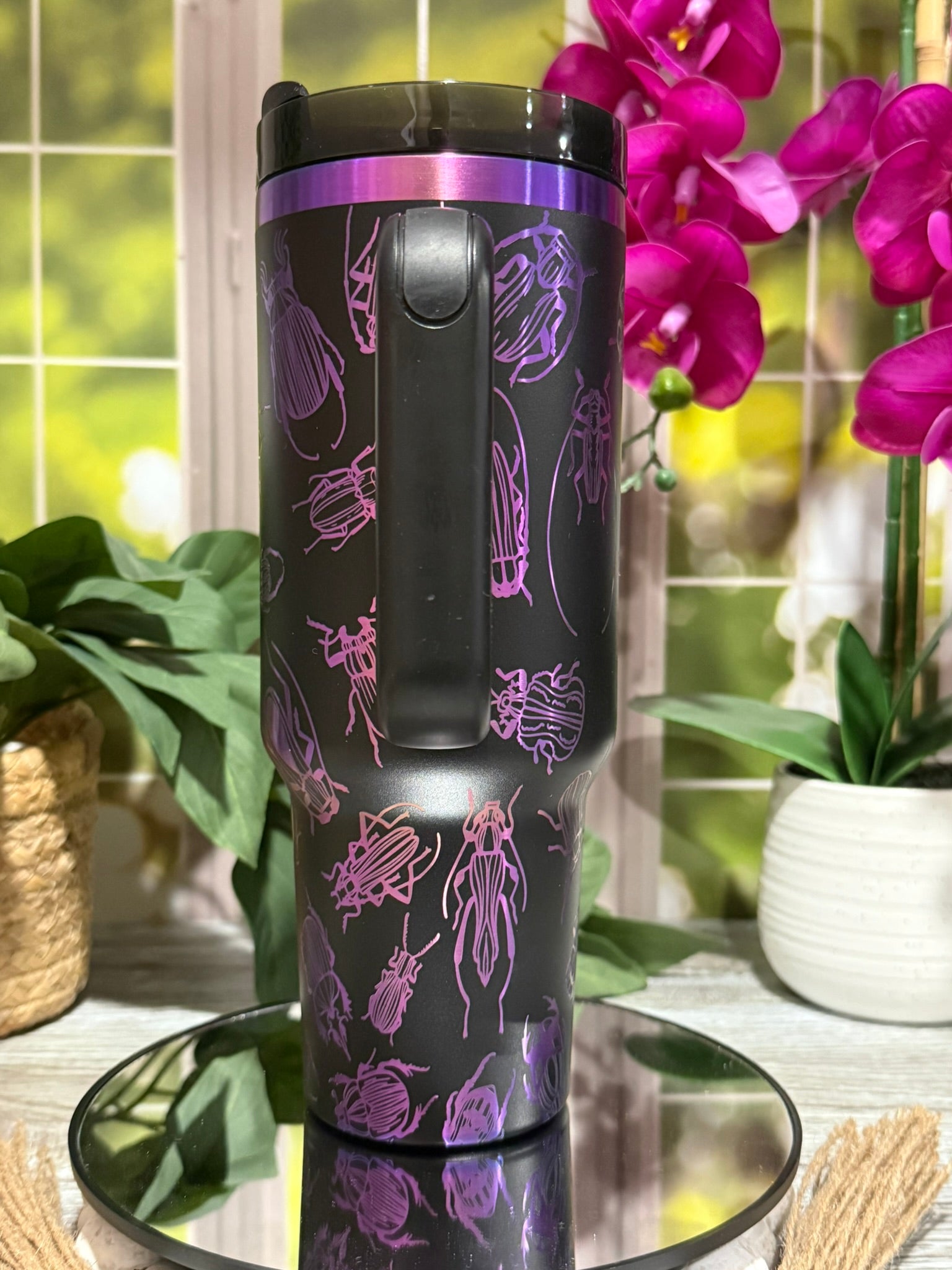 Bugs Design 40oz Chromatic Black Tumbler with Handle – Laser Engraved Insect Mug, Ready to Ship