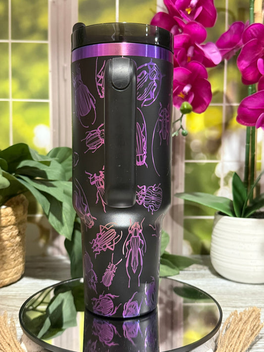 Bugs Design 40oz Chromatic Black Tumbler with Handle – laser engraved Insect Mug, Ready to Ship