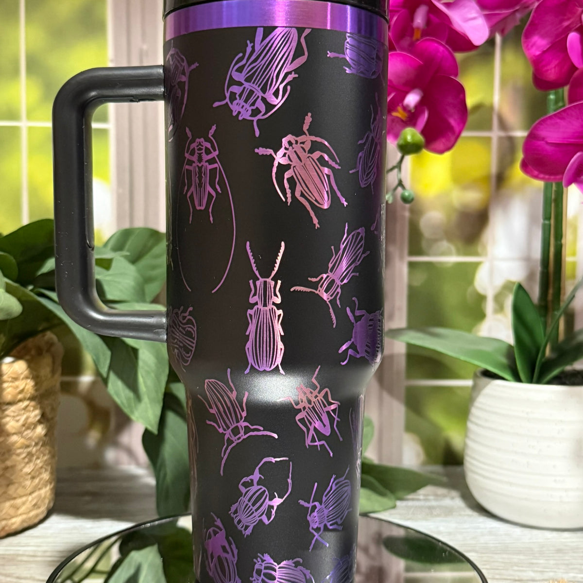 Bugs Design 40oz Chromatic Black Tumbler with Handle – laser engraved Insect Mug, Ready to Ship