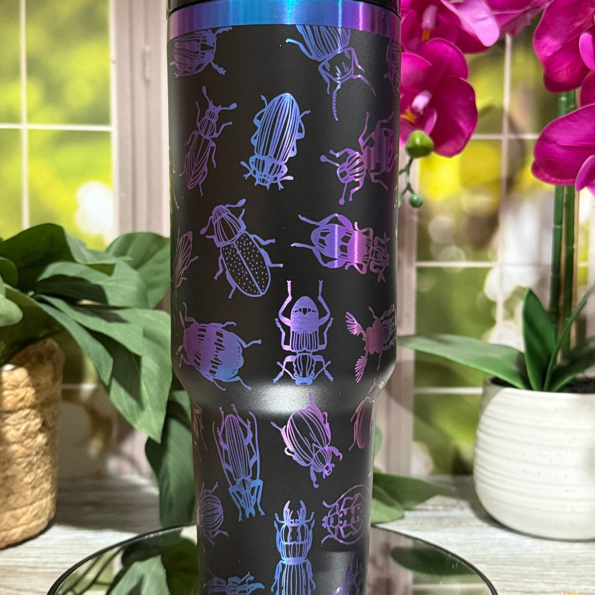 Bugs Design 40oz Chromatic Black Tumbler with Handle – laser engraved Insect Mug, Ready to Ship