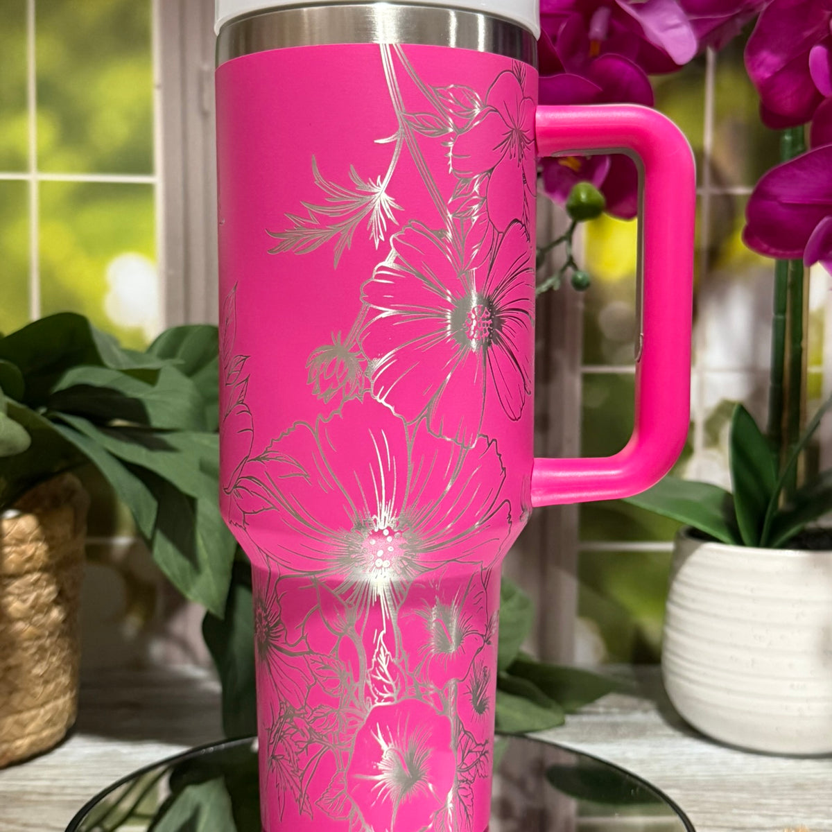 40oz hot pink stainless steel tumbler cup with handle, laser engraved with cosmos, morning glories, and violets floral design – ready to ship.