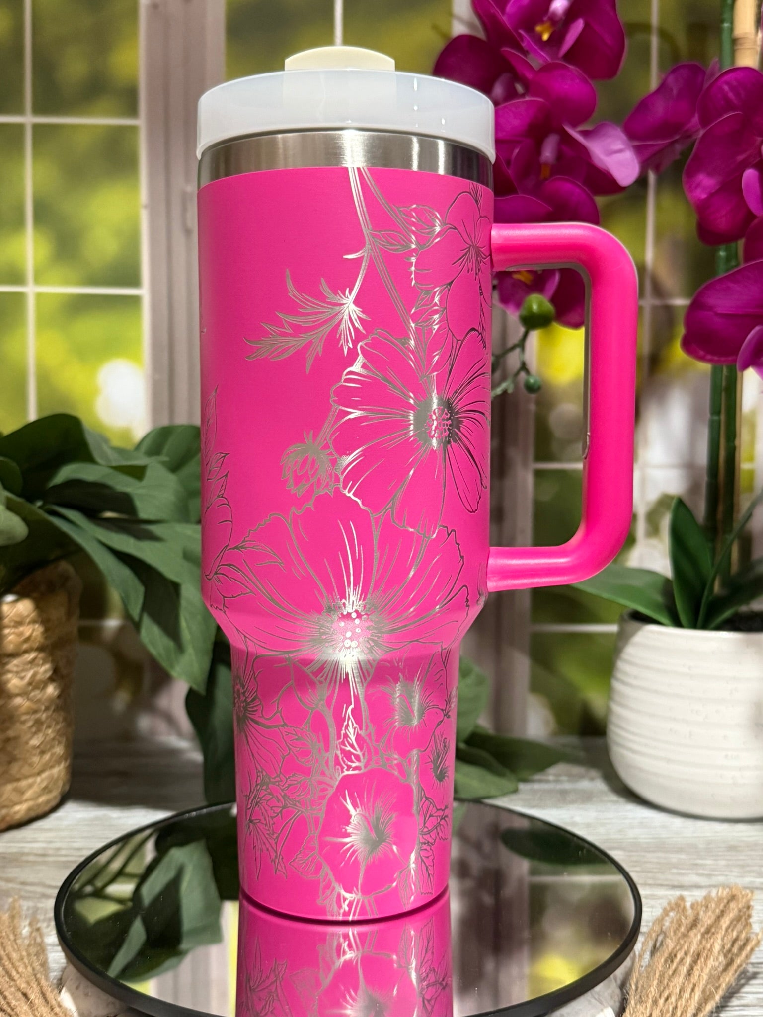 40oz hot pink stainless steel tumbler cup with handle, laser engraved with cosmos, morning glories, and violets floral design – ready to ship.