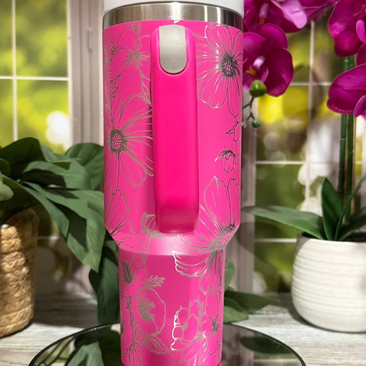 Floral Cosmos, Morning Glories & Violets 40oz Hot Pink Tumbler Cup with Handle – laser engraved, Ready to Ship