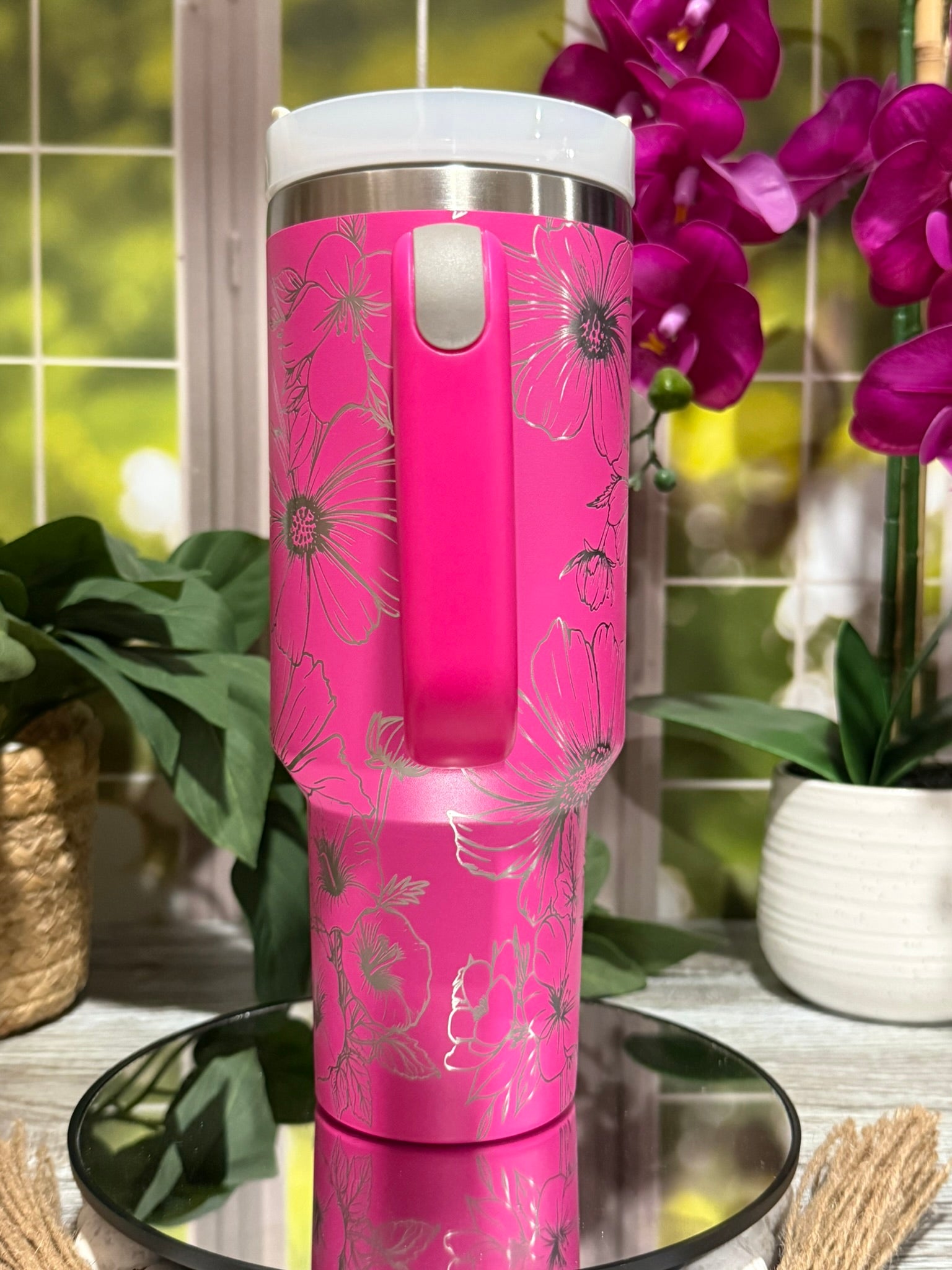 Floral Cosmos, Morning Glories & Violets 40oz Hot Pink Tumbler Cup with Handle – Laser Engraved, Ready to Ship