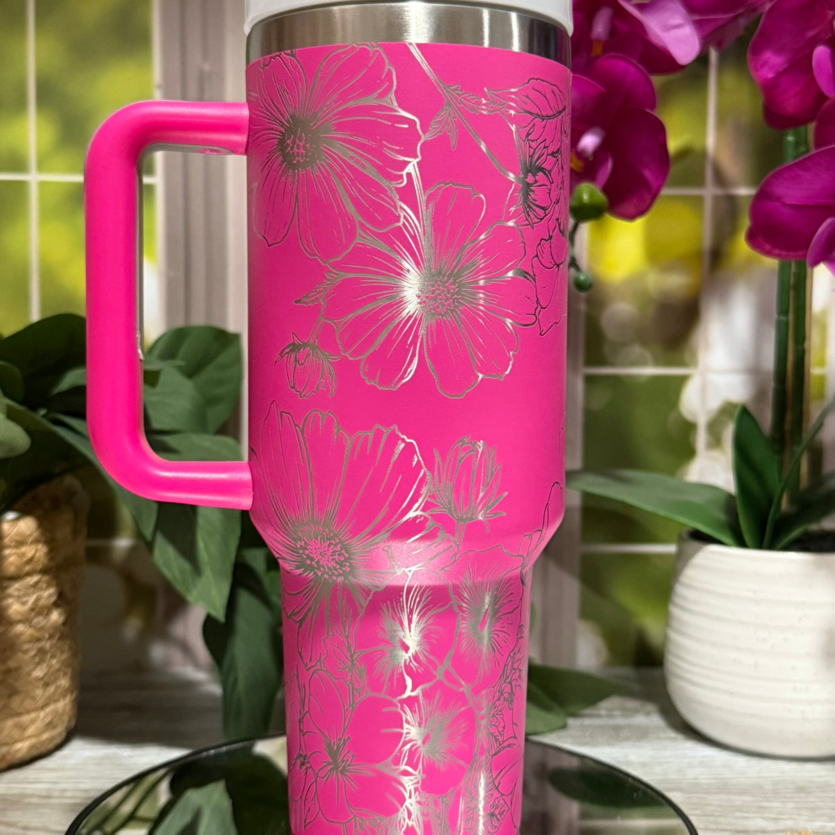 Floral Cosmos, Morning Glories & Violets 40oz Hot Pink Tumbler Cup with Handle – laser engraved, Ready to Ship