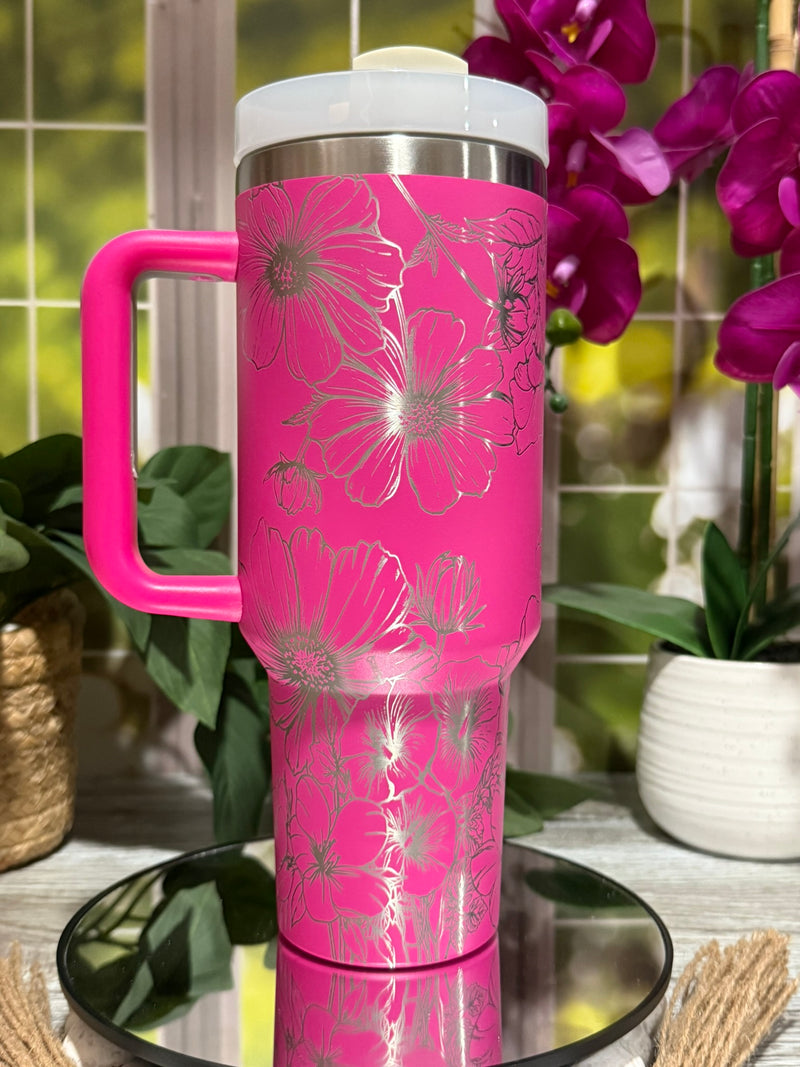 Floral Cosmos, Morning Glories & Violets 40oz Hot Pink Tumbler Cup with Handle – laser engraved, Ready to Ship