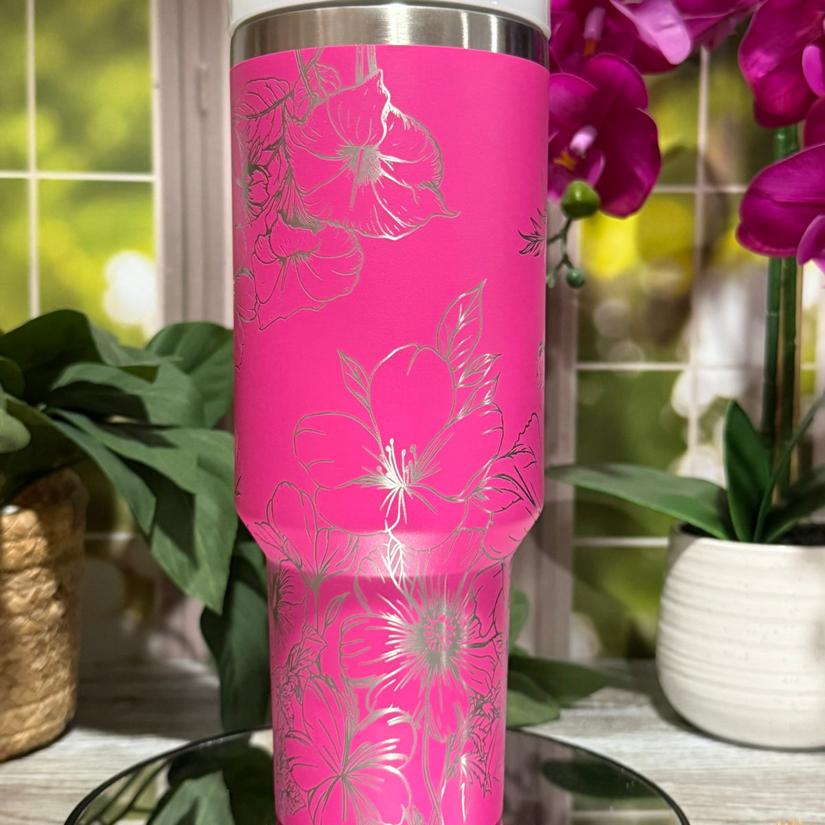 Floral Cosmos, Morning Glories & Violets 40oz Hot Pink Tumbler Cup with Handle – laser engraved, Ready to Ship