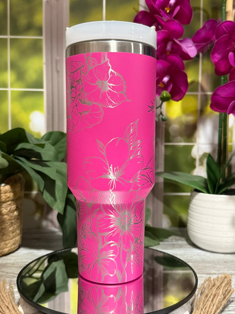 Floral Cosmos, Morning Glories & Violets 40oz Hot Pink Tumbler Cup with Handle – laser engraved, Ready to Ship