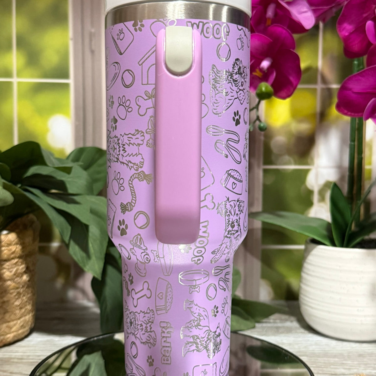 Schnauzer Doodles 40oz Lilac Tumbler Cup with Handle – Dog Lover laser engraved Cup, Ready to Ship