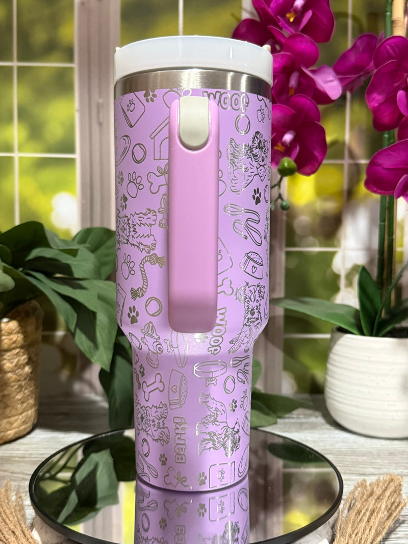 Schnauzer Doodles 40oz Lilac Tumbler Cup with Handle – Dog Lover laser engraved Cup, Ready to Ship