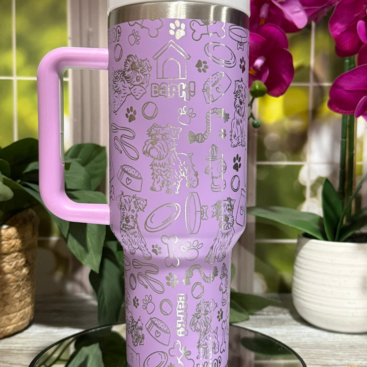 Schnauzer Doodles 40oz Lilac Tumbler Cup with Handle – Dog Lover laser engraved Cup, Ready to Ship
