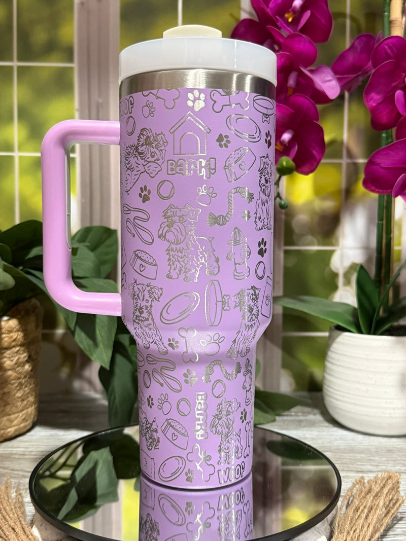 Schnauzer Doodles 40oz Lilac Tumbler Cup with Handle – Dog Lover laser engraved Cup, Ready to Ship