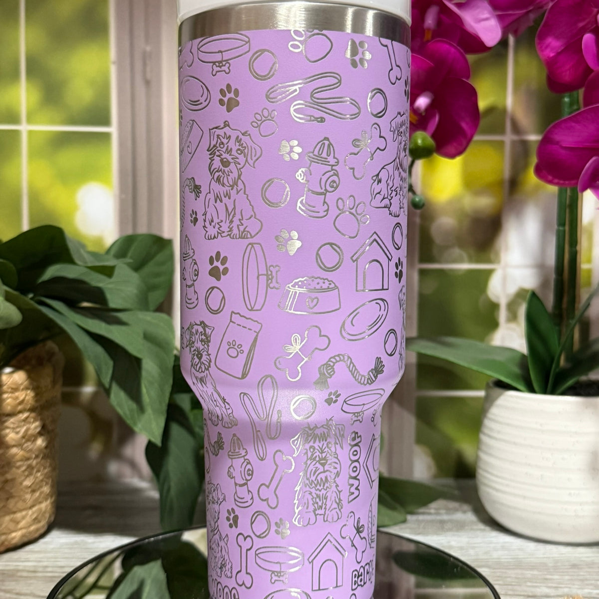 Schnauzer Doodles 40oz Lilac Tumbler Cup with Handle – Dog Lover laser engraved Cup, Ready to Ship